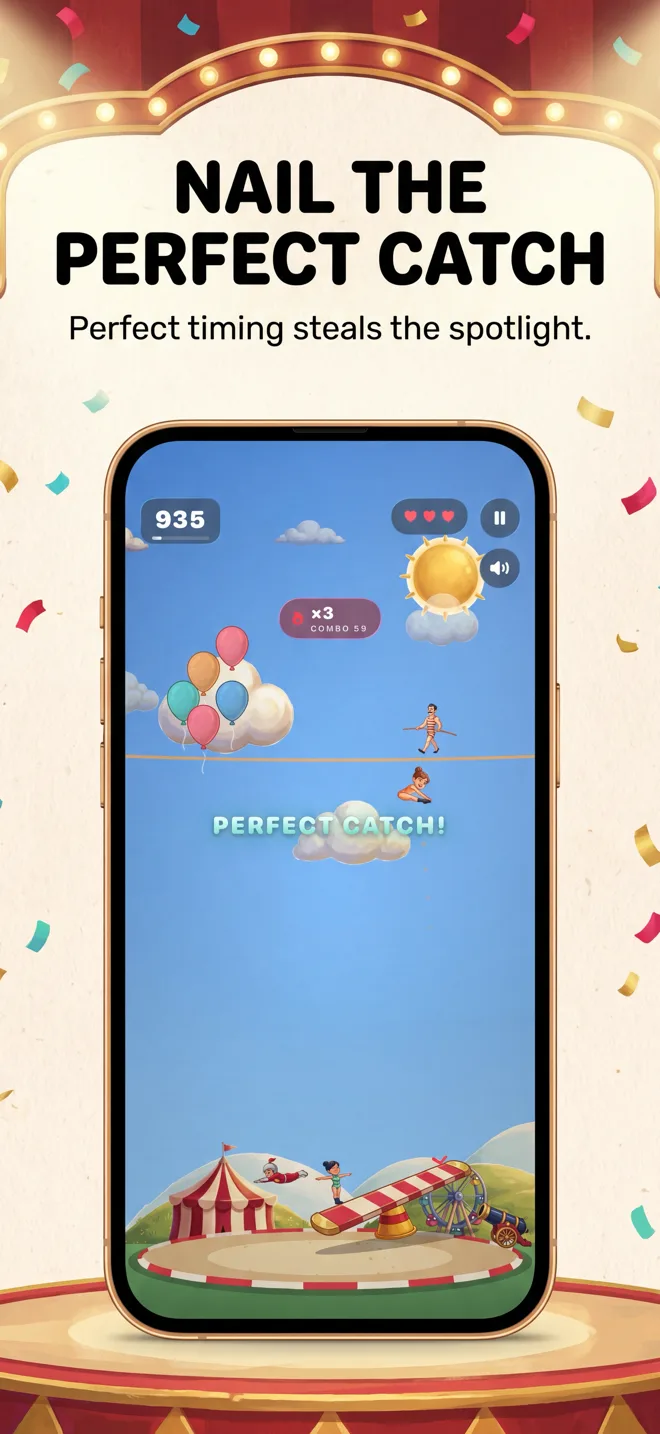 Supa Circus gameplay — an acrobat landing a Perfect Catch above the seesaw
