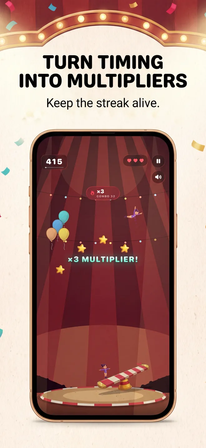 Supa Circus gameplay — chaining catches into a ×3 combo multiplier