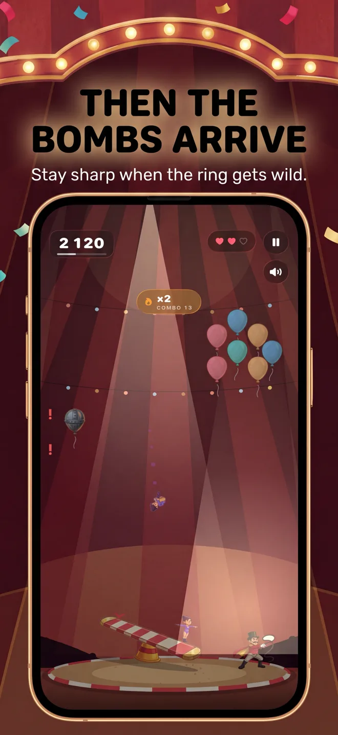 Supa Circus gameplay — dodging a bomb balloon during a late act