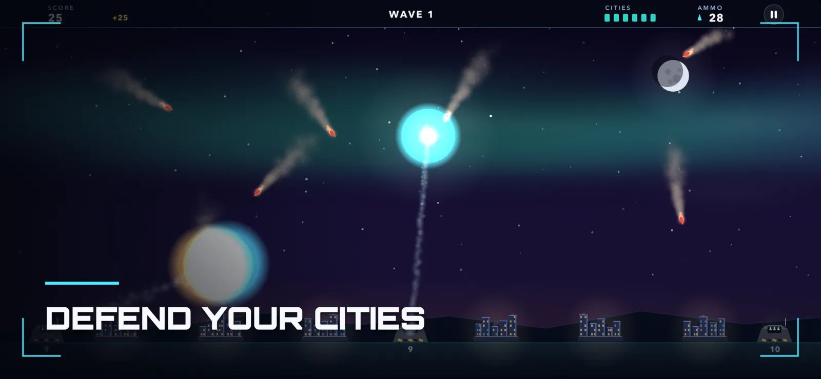 Sky Shield gameplay — defending cities from falling warheads